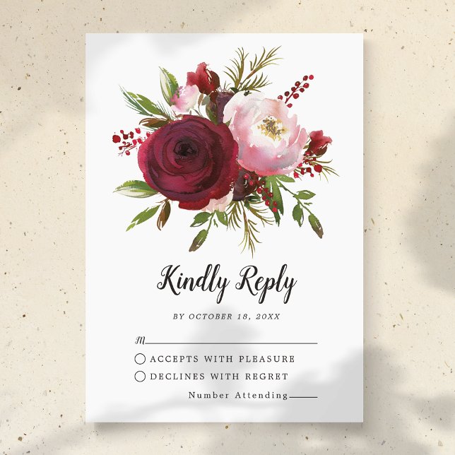 Rustic Burgundy Blush Floral Monogram Wedding RSVP Card (Creator Uploaded)