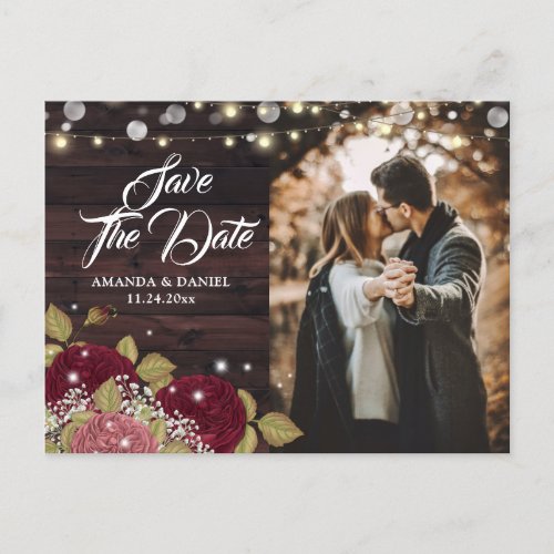 Rustic Burgundy Blush Floral Photo Save The Date Announcement Postcard