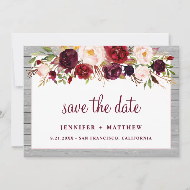 Rustic Burgundy Blush Floral Pink Border Wedding Save The Date | Zazzle