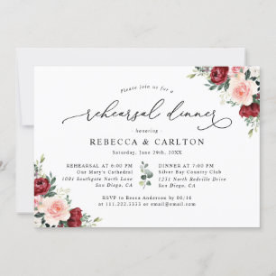 Rustic Burgundy Blush Floral Rehearsal Dinner Invitation