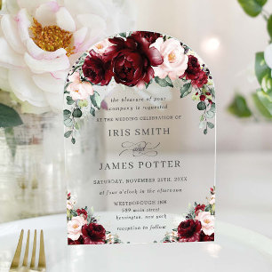 Rustic Burgundy Blush Floral Roses Arch Wedding  Acrylic Invitations