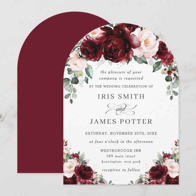 Rustic Burgundy Blush Floral Roses Arch Wedding  Invitation (Front/Back)