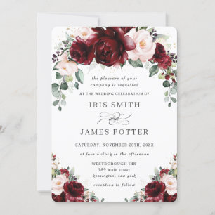 Rustic Burgundy Blush Floral Roses Arch Wedding Invitation