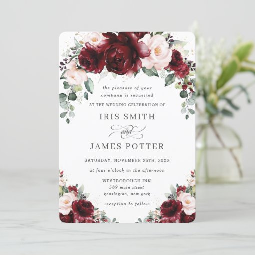 Rustic Burgundy Blush Floral Roses Arch Wedding Invitation | Zazzle