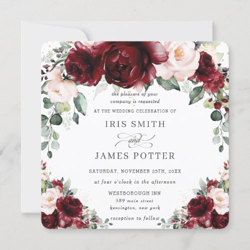 Rustic Burgundy Blush Floral Roses Wedding Square Invitation