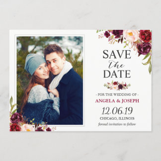 Rustic Burgundy Blush Floral Save the Date Photo
