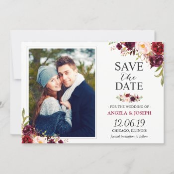 Rustic Burgundy Blush Floral Save the Date Photo