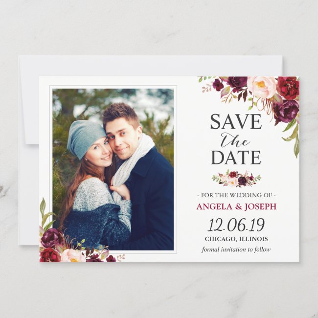 Rustic Burgundy Blush Floral Save the Date Photo
