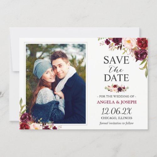 Rustic Burgundy Blush Floral Save the Date Photo