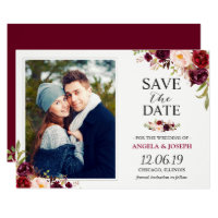 Rustic Burgundy Blush Floral Save the Date Photo Card
