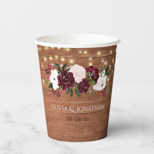Rustic Burgundy Blush Floral String Lights Wedding Paper Cups