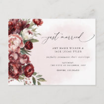 Rustic Burgundy Blush Floral Wedding Announcement Postcard