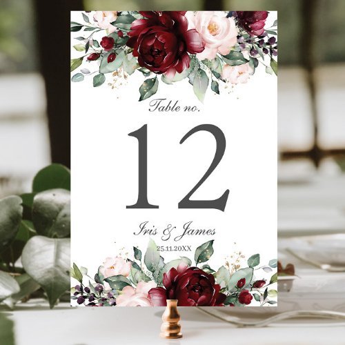 Rustic Burgundy Blush Floral Wedding Bridal Shower Table Number