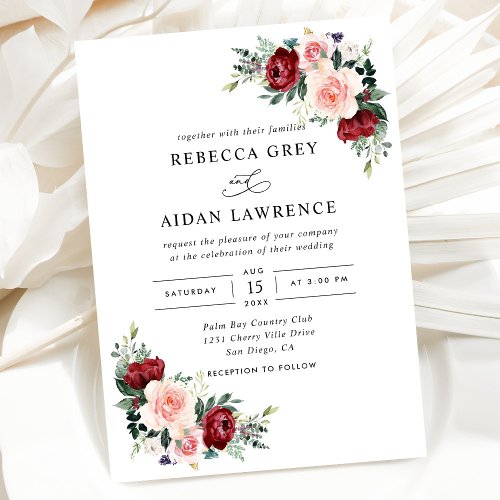 Rustic Burgundy Blush Floral Wedding Invitation