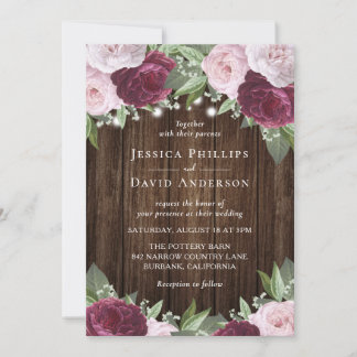 Rustic Burgundy Blush Floral Wedding Invitations