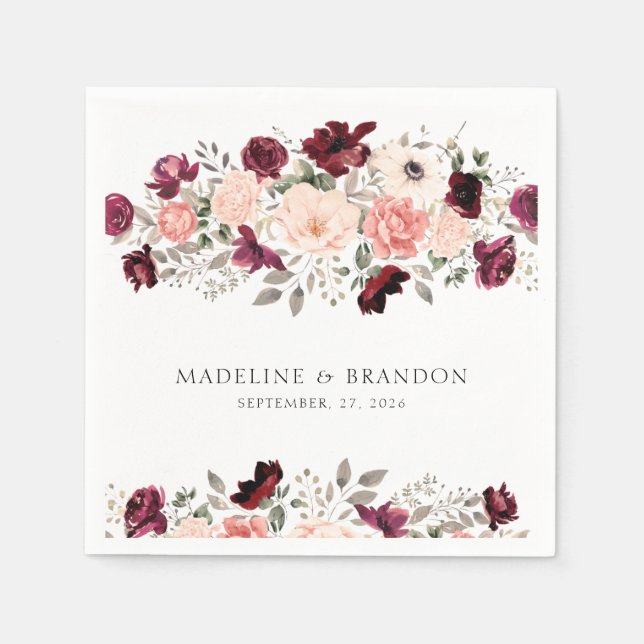 Rustic Burgundy Blush Floral Wedding Napkins (Front)