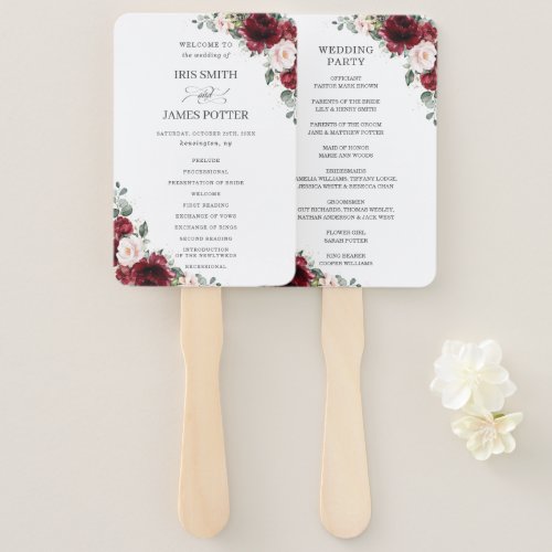 Rustic Burgundy Blush Floral Wedding Program Hand Fan