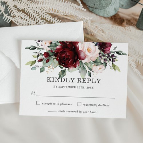 Rustic Burgundy Blush Floral Wedding RSVP Card