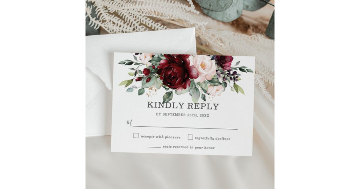 Rustic Burgundy Blush Floral Wedding RSVP Card | Zazzle