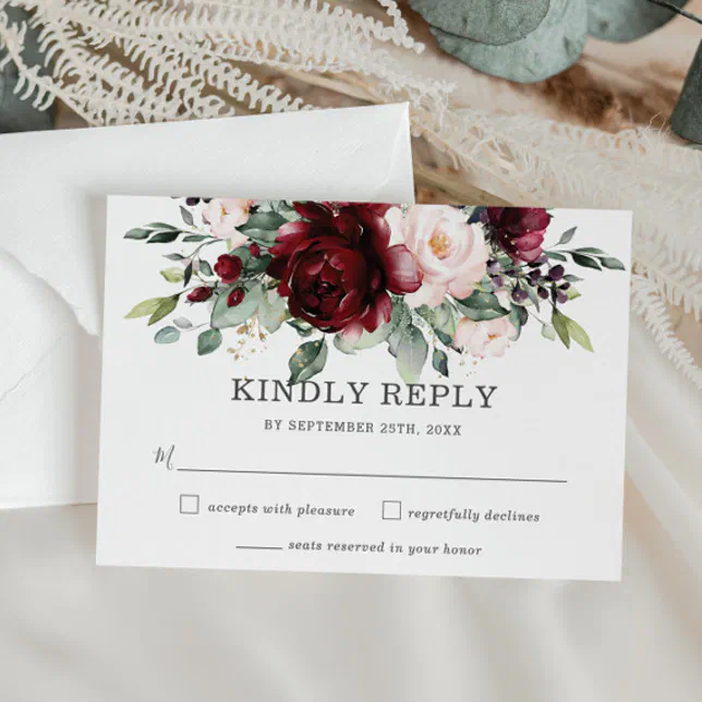 Rustic Burgundy Blush Floral Wedding RSVP Card | Zazzle