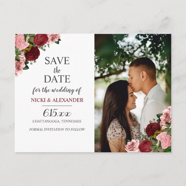 Rustic Burgundy Blush Floral Wedding Save Date Postcard (Front)