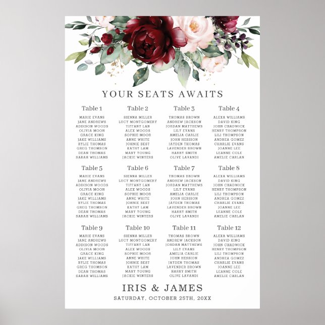 Rustic Burgundy Blush Floral Wedding Seating Chart (Front)