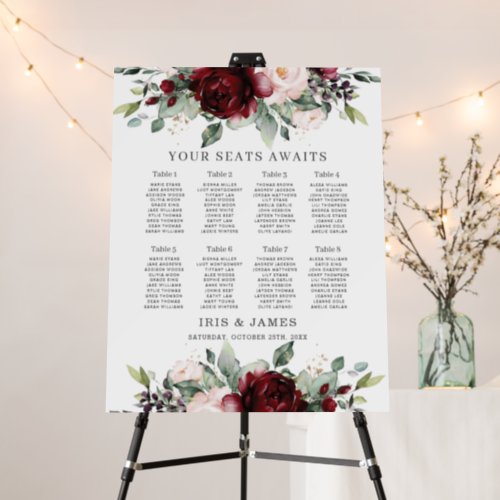 Rustic Burgundy Blush Floral Wedding Seating Chart Foam Board