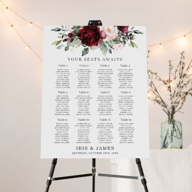 Rustic Burgundy Blush Floral Wedding Seating Chart Foam Board (In Situ (Stand))