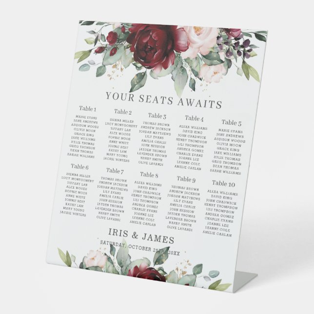 Rustic Burgundy Blush Floral Wedding Seating Chart Pedestal Sign (Front)