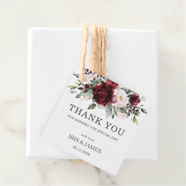 Rustic Burgundy Blush Floral Wedding Thank You Favor Tags | Zazzle