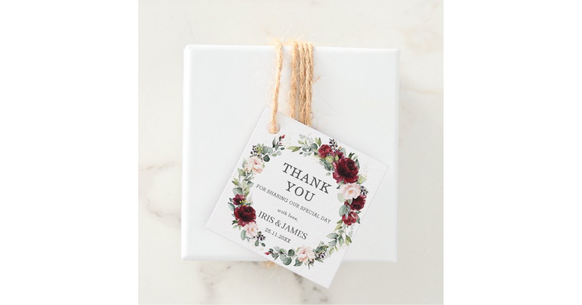 Rustic Burgundy Blush Floral Wedding Thank You Favor Tags | Zazzle