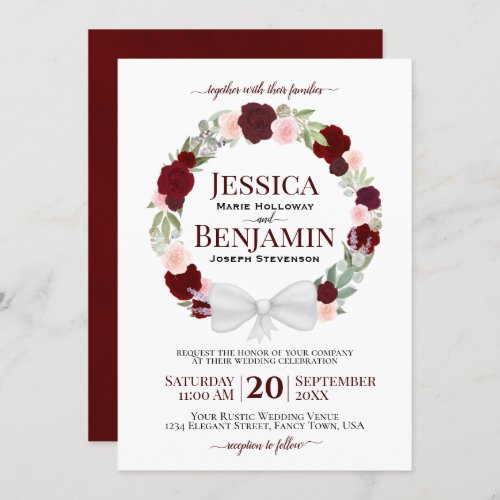 Rustic Burgundy Blush Floral Wreath Boho Wedding Invitation