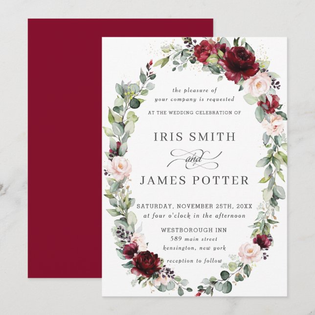 Rustic Burgundy Blush Floral Wreath Leafy Wedding Invitation (Front/Back)