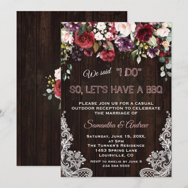 Rustic Burgundy Blush Flowers Lace I DO BBQ Invitation (Front/Back)