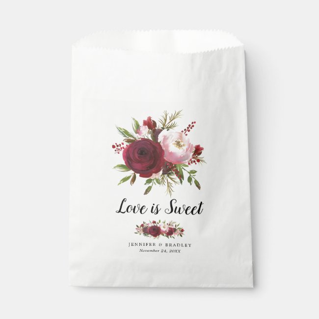 Rustic Burgundy Blush Flowers Wedding Candy Favor Bag