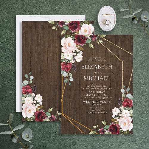 Rustic Burgundy Blush Geometric Wood Wedding Invitation