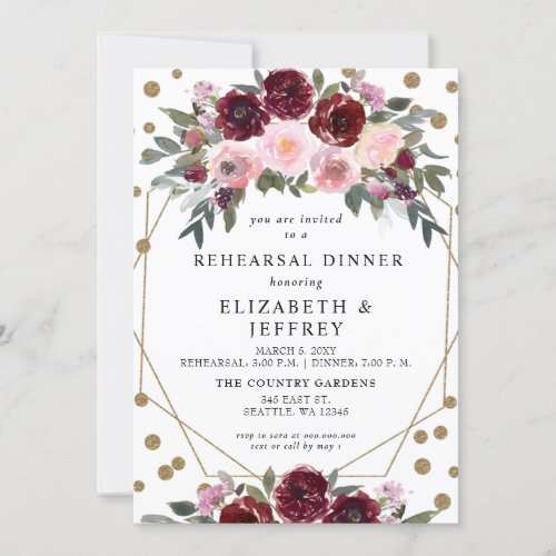 Rustic Burgundy Blush Gold Rehearsal Dinner Invitation