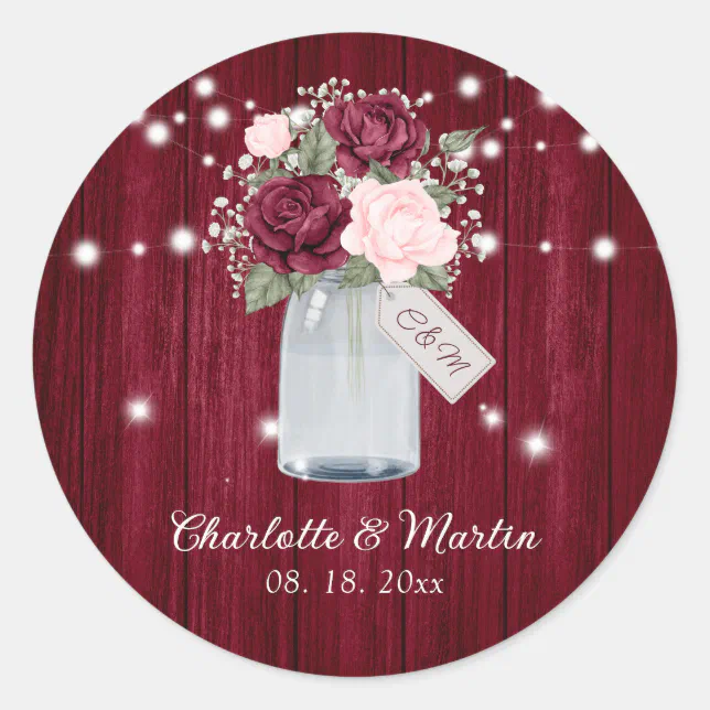Rustic Burgundy Blush Monogram Floral Wedding Classic Round Sticker ...