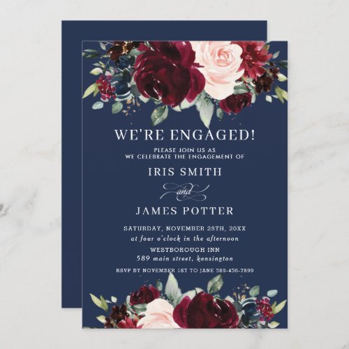 Rustic Burgundy Blush Navy Floral Engagement Party Invitation
