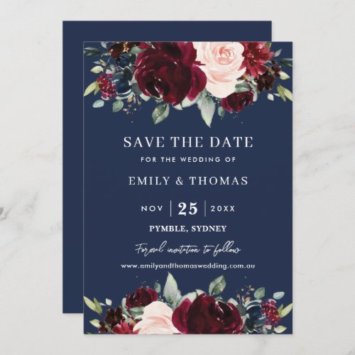 Rustic Burgundy Blush Navy Floral Greenery Wedding Save The Date
