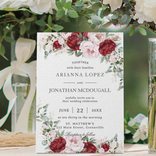 Rustic Burgundy Blush Peonies Roses Floral Wedding Invitation