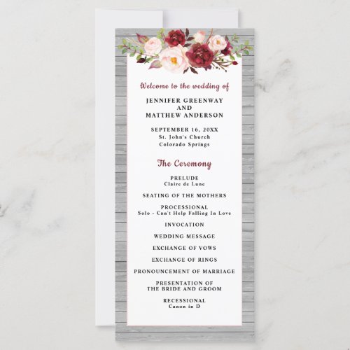 Rustic Burgundy Blush Pink Border Wedding Program