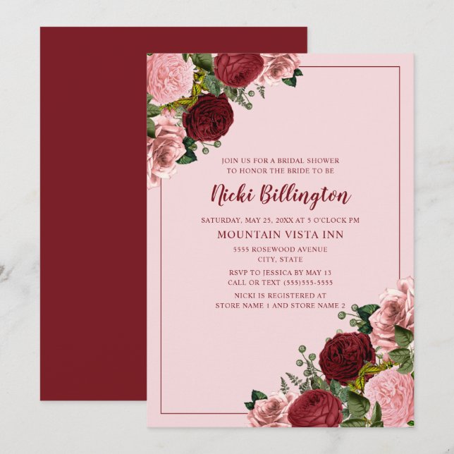 Rustic Burgundy Blush Pink Floral Bridal Shower Invitation (Front/Back)