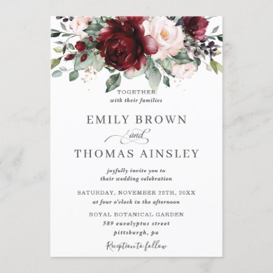 Rustic Burgundy Blush Pink Floral Greenery Wedding Invitation