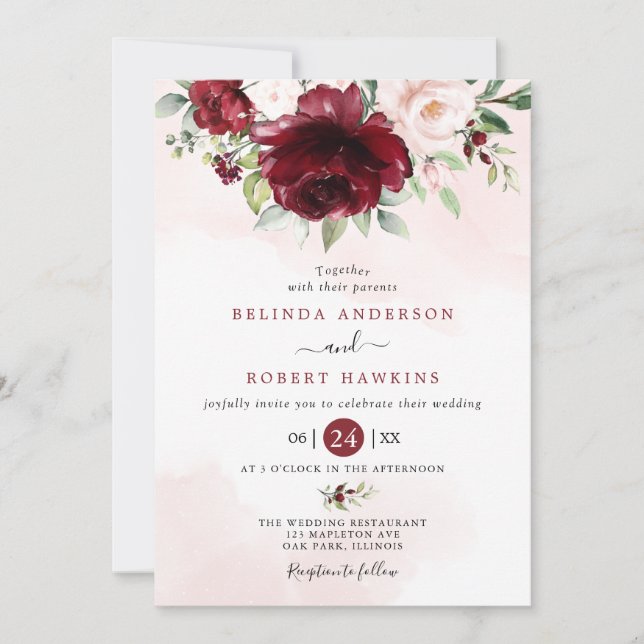 Rustic Burgundy Blush Pink Floral Greenery Wedding Invitation (Front)
