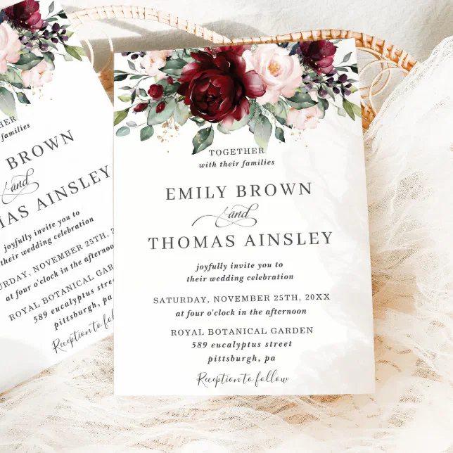 Rustic Burgundy Blush Pink Floral Greenery Wedding Invitation | Zazzle