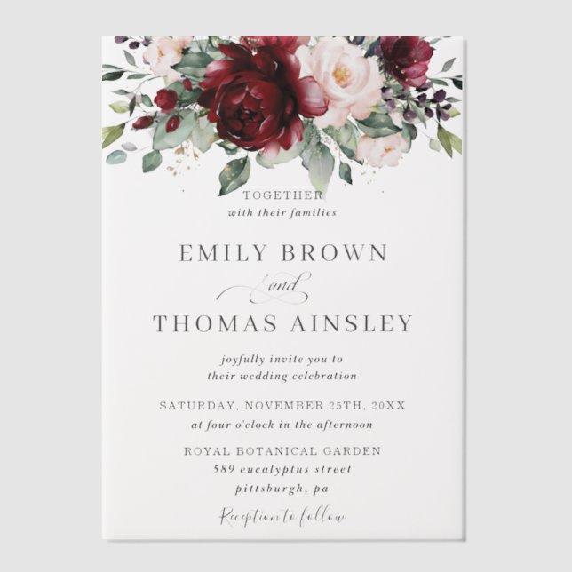 Rustic Burgundy Blush Pink Floral Greenery Wedding Vellum Invitations (Front)