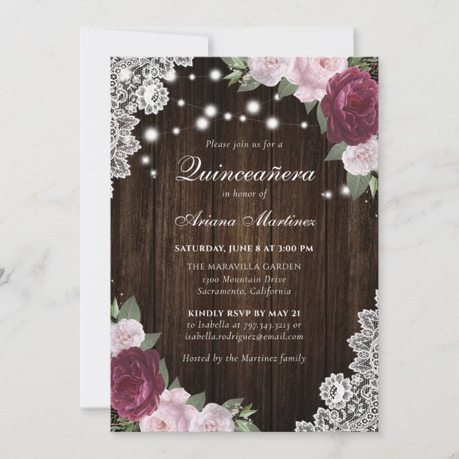 Rustic Burgundy Blush Pink Floral Quinceañera Invitation (Front)