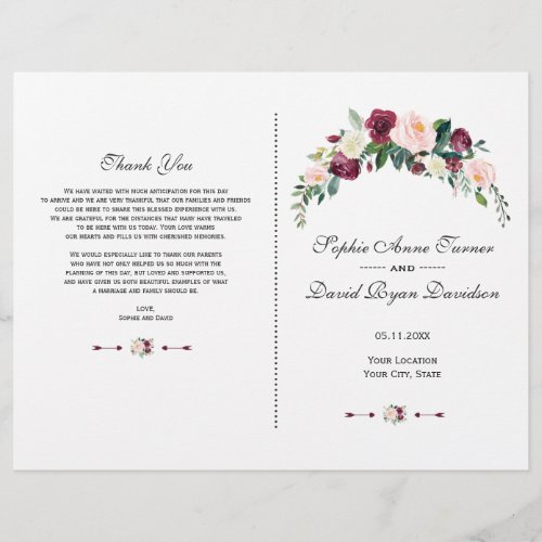 Rustic Burgundy Blush Pink Floral Wedding Program Flyer