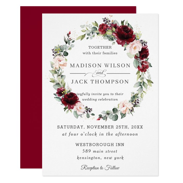 Rustic Burgundy Blush Pink Floral Wreath Wedding Invitation